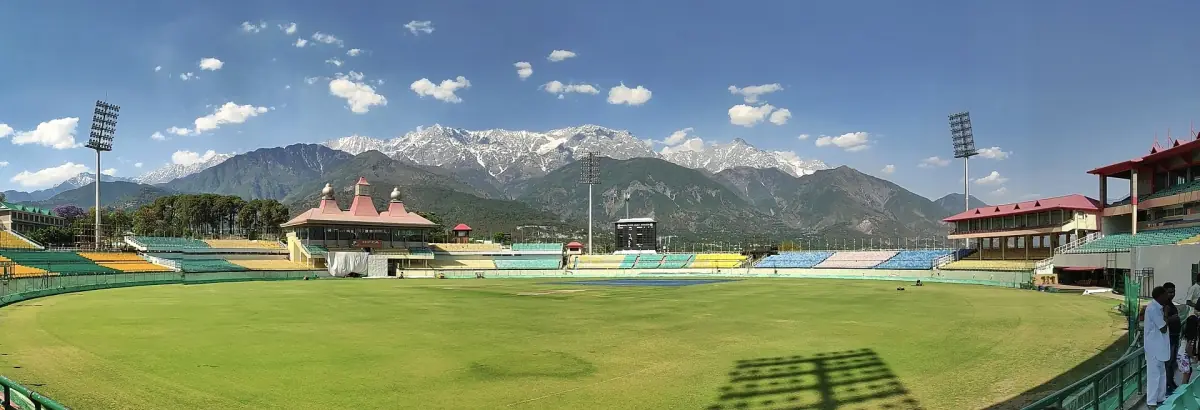 The HPCA cricket stadium with the Dhauladhar range behind