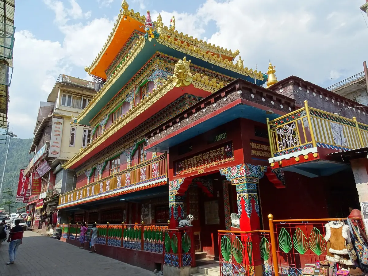 A colorful Tibetan temple on the main street of McLeod Ganj
