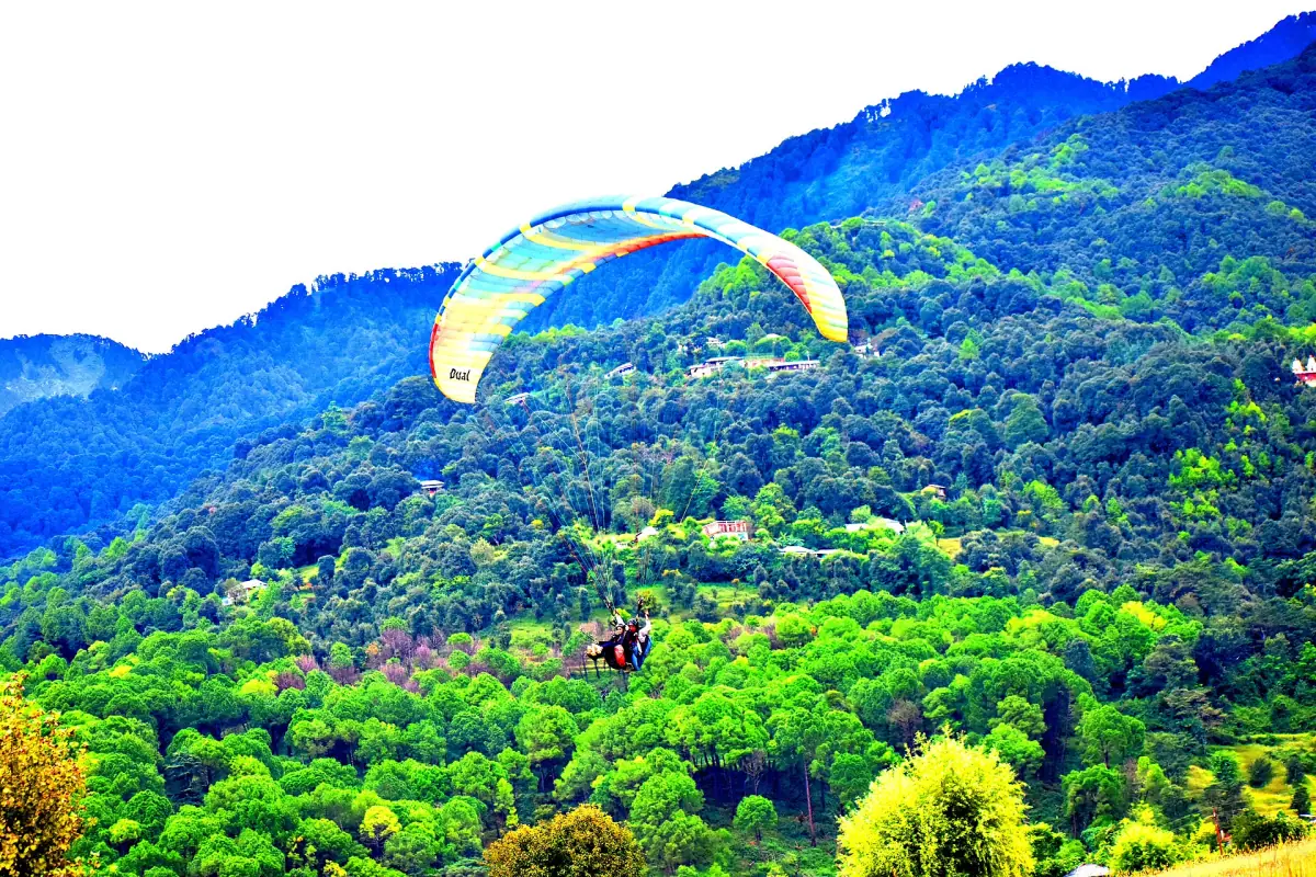 A paraglider over the green hills at Bir Billing