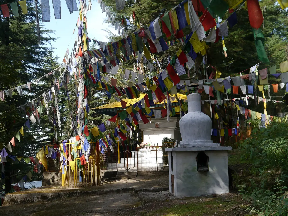 A small stupa with prayer flags in McLeod Ganj