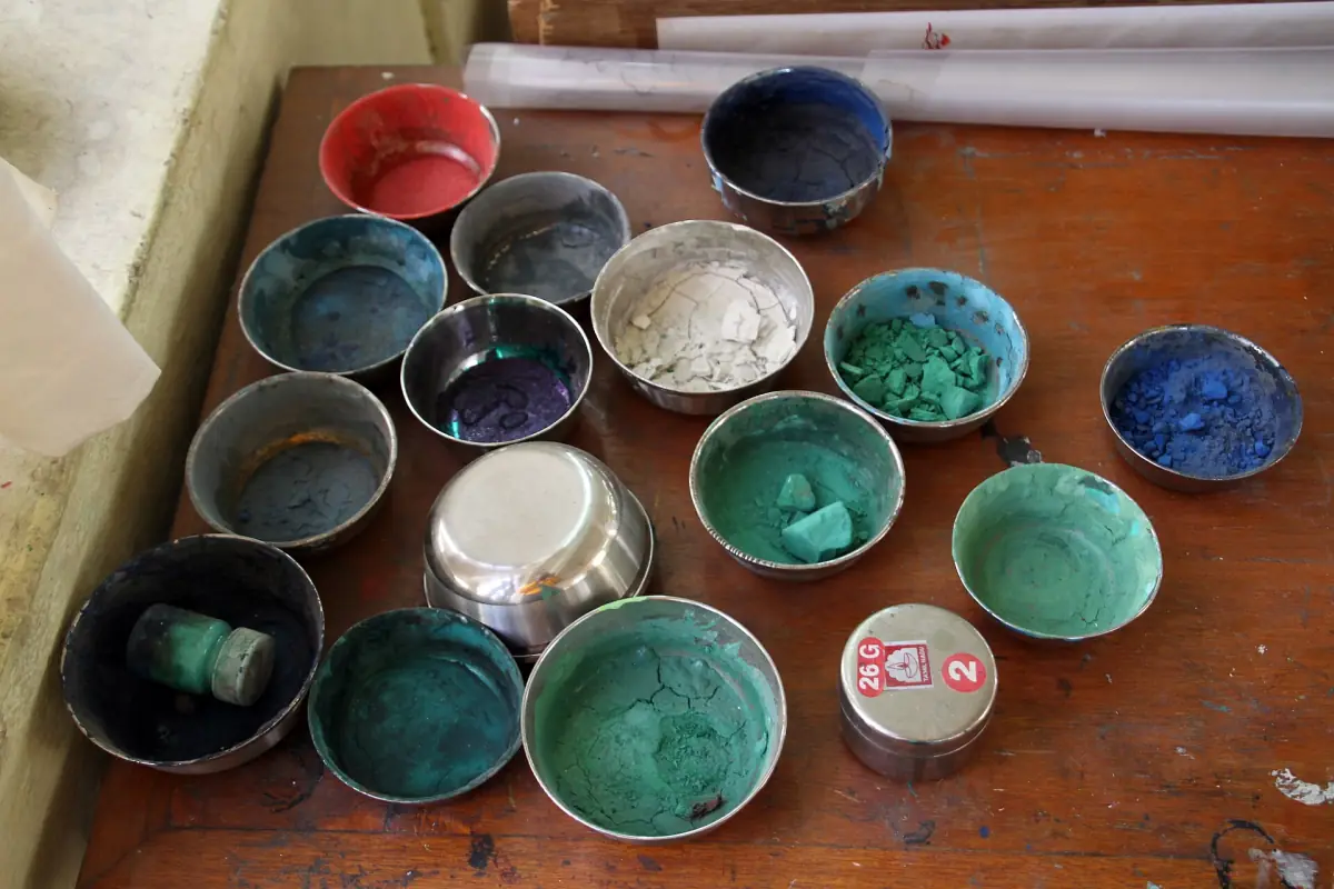 Bowls of pigment in the thangka painting school at Norbulingka