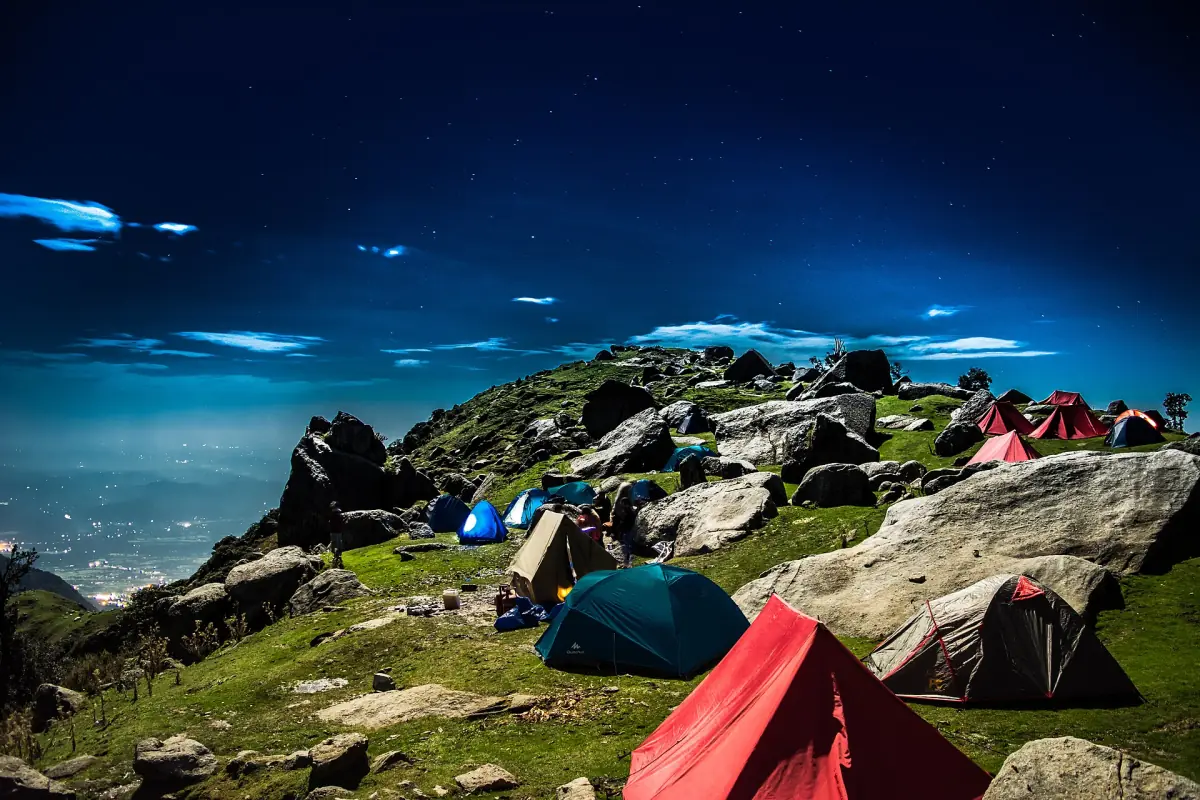 Tents on the Triund ridge at dusk